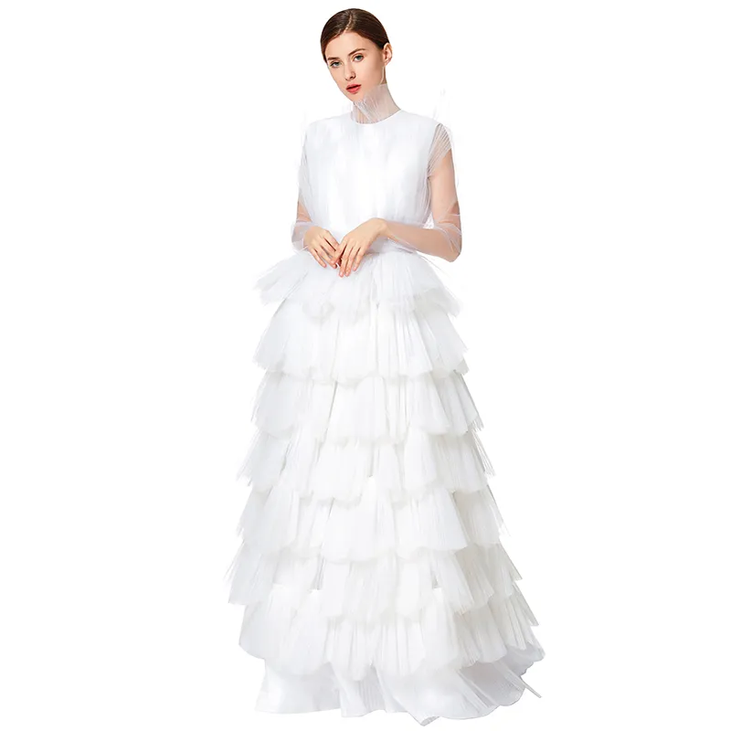 D132 Women Girls satin top round neck pleated ruffle tiered tulle gown