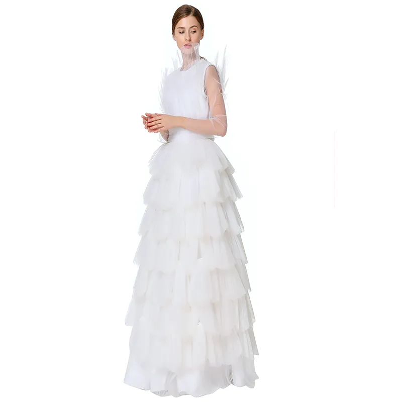 D132 Women Girls satin top round neck pleated ruffle tiered tulle gown