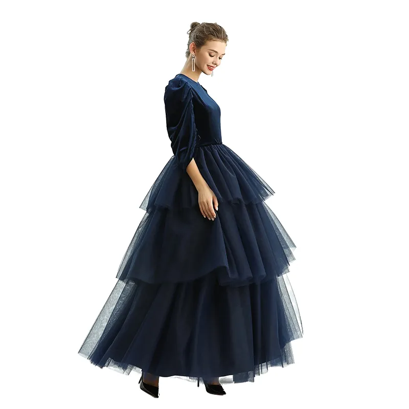 D193 Girls velvet three-quarter puff sleeves tiered flared maxi tulle gown