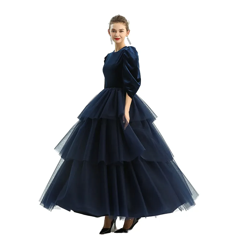 D193 Girls velvet three-quarter puff sleeves tiered flared maxi tulle gown