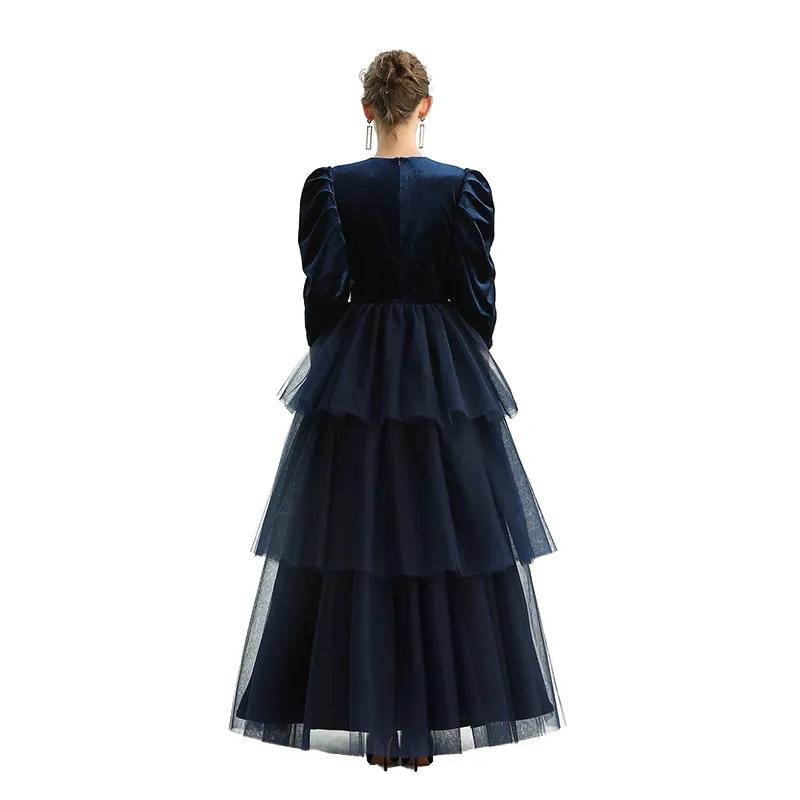 D193 Girls velvet three-quarter puff sleeves tiered flared maxi tulle gown