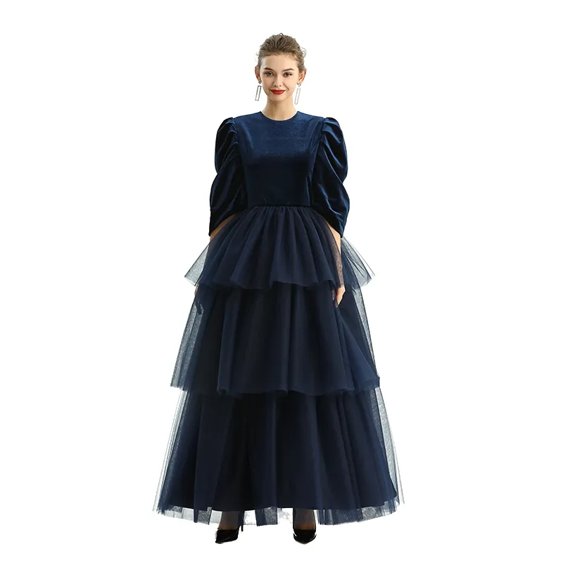 D193 Girls velvet three-quarter puff sleeves tiered flared maxi tulle gown