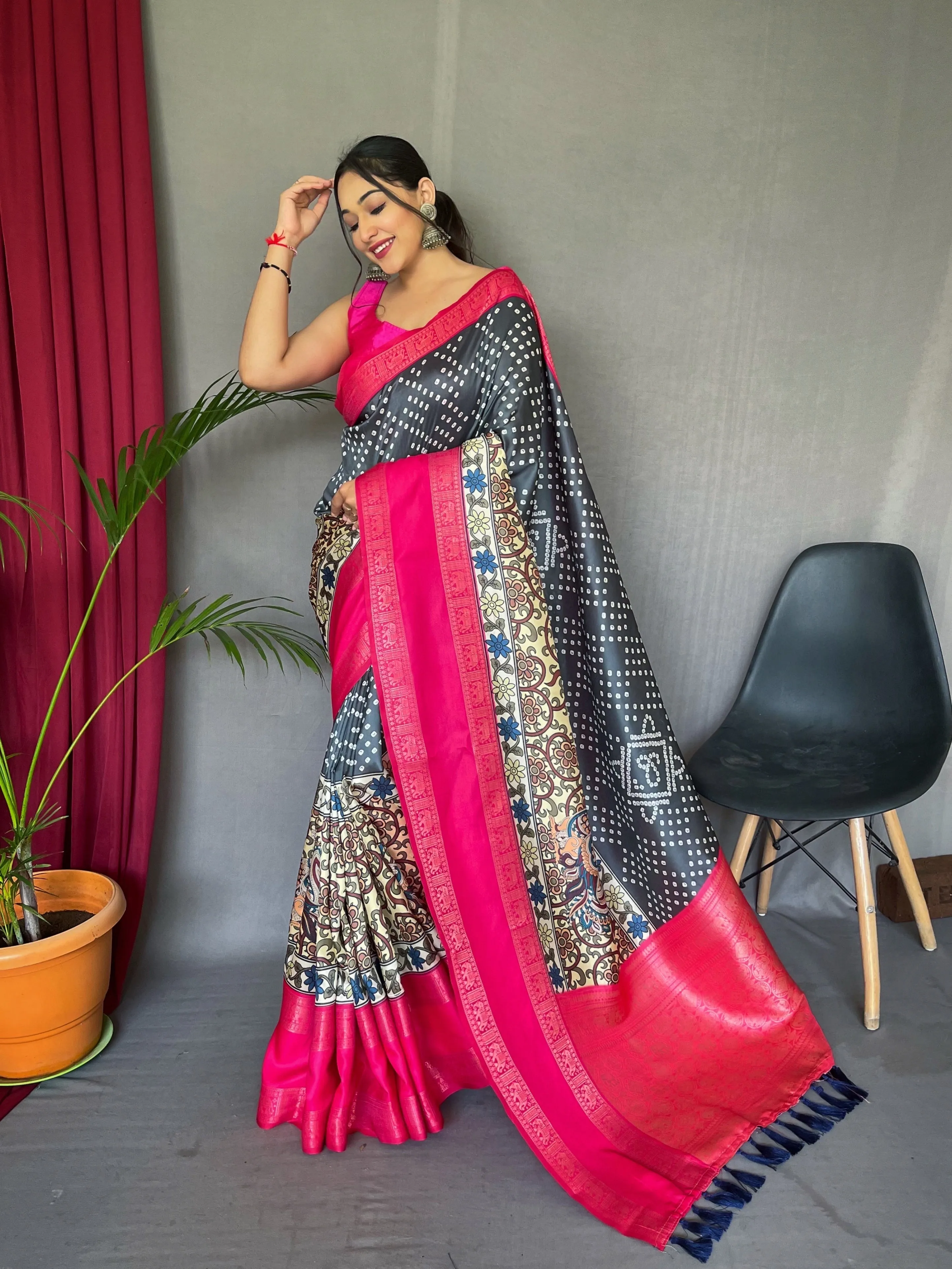 Dark Grey Saree in Bandhej Kalamkari Print