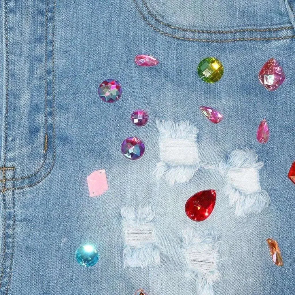 Distressed color rhinestone denim shorts