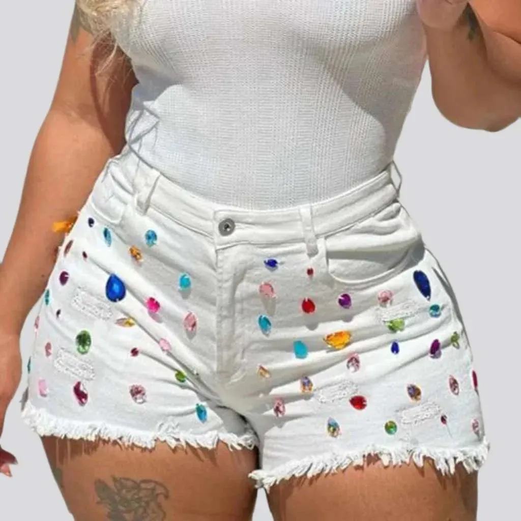 Distressed color rhinestone denim shorts