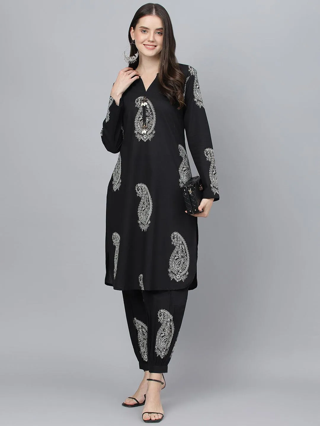 Divena Black Cotton Straight Kurta with Curve Hem Pant set