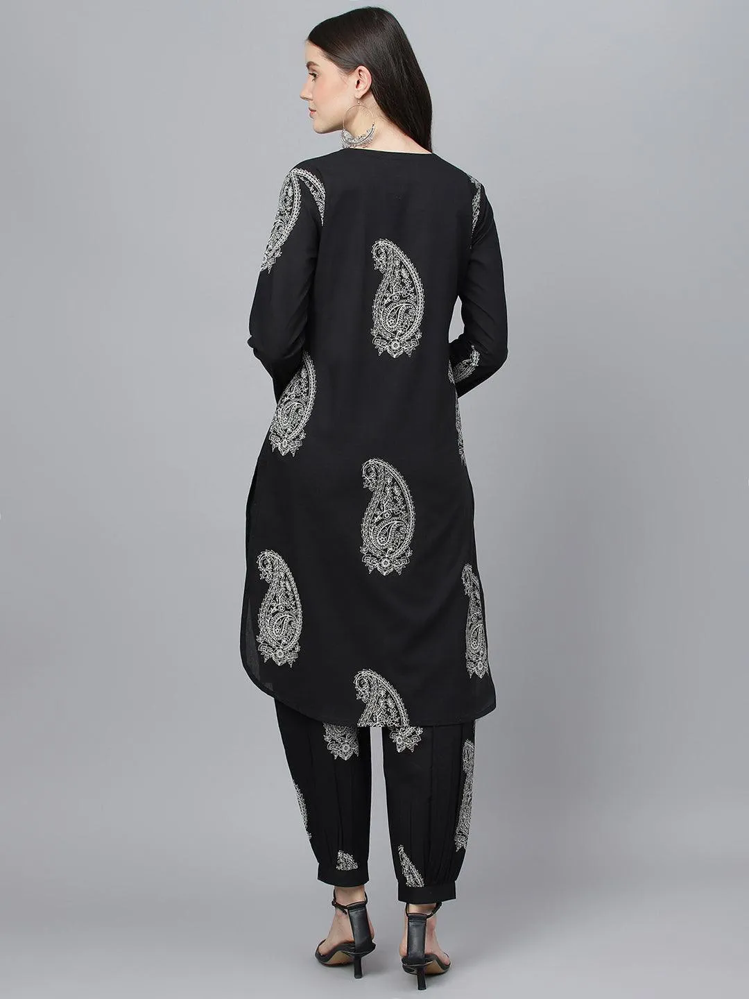 Divena Black Cotton Straight Kurta with Curve Hem Pant set