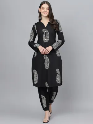 Divena Black Cotton Straight Kurta with Curve Hem Pant set