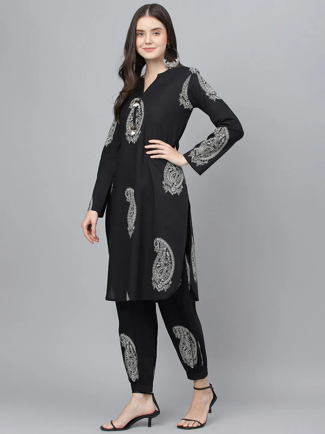 Divena Black Cotton Straight Kurta with Curve Hem Pant set