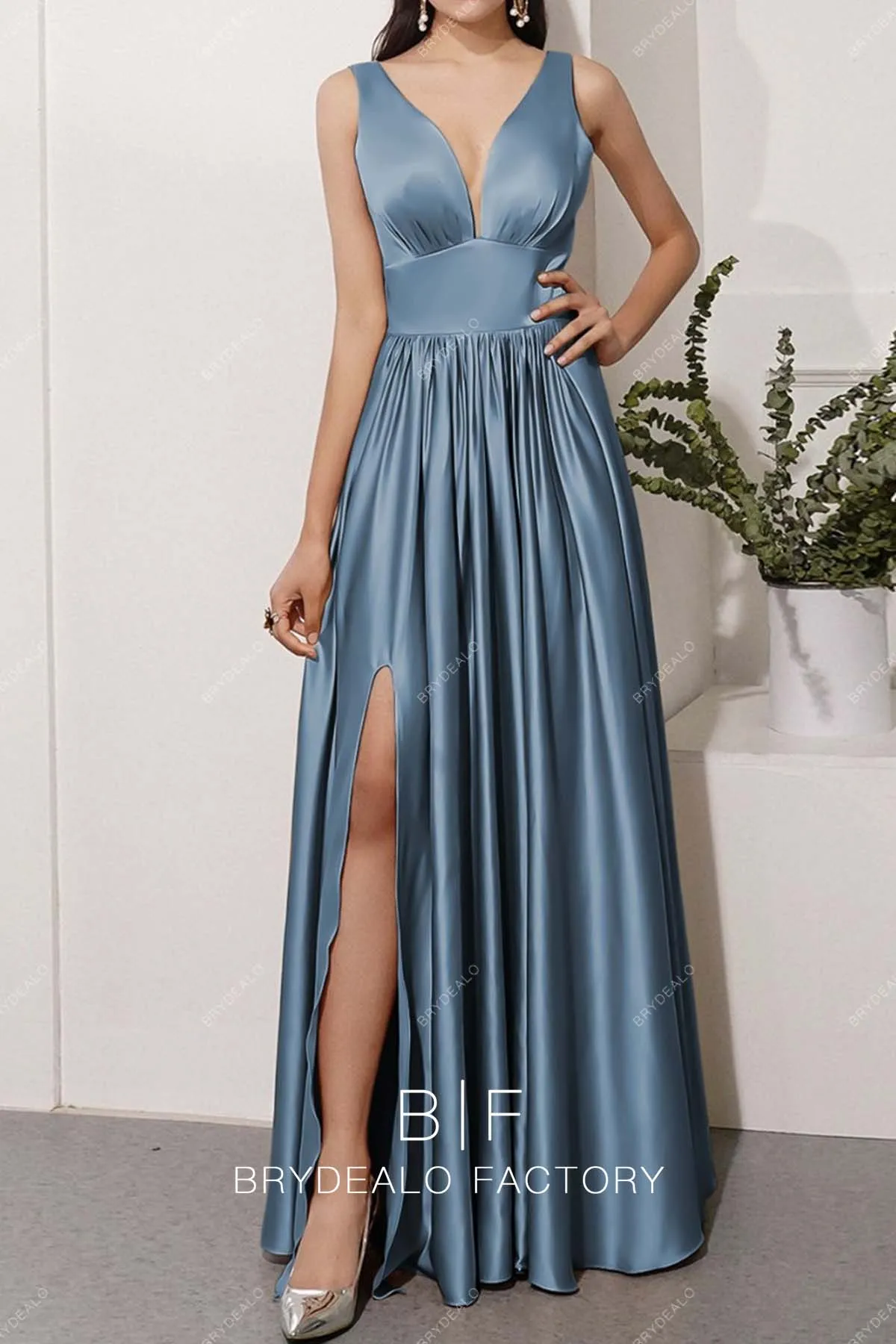 Dusty Blue Plunging Neck Empire Slit Charmeuse Bridesmaid Dress