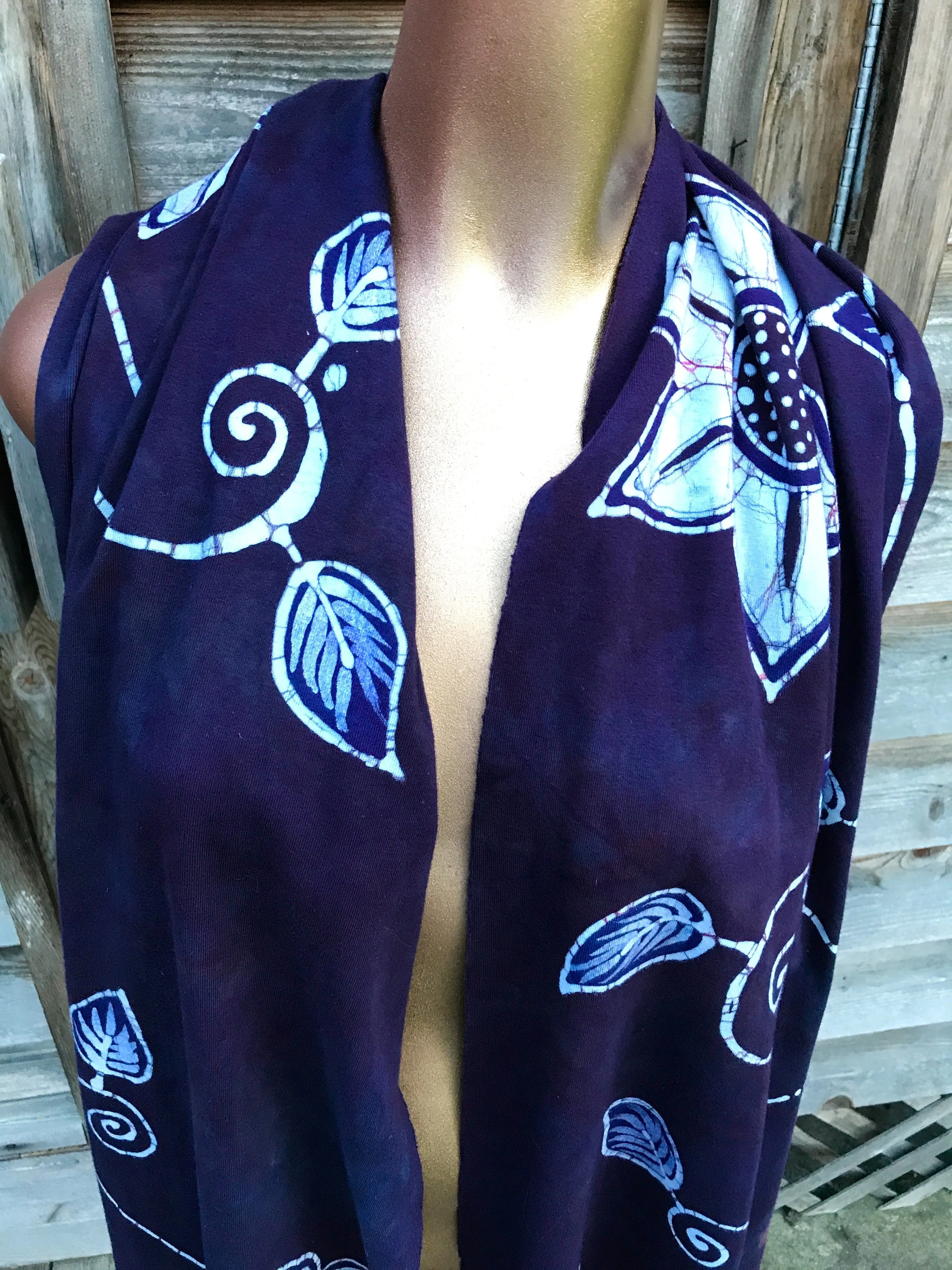 Eggplant Blossoms - Organic Cotton Hand Painted Batik Scarf