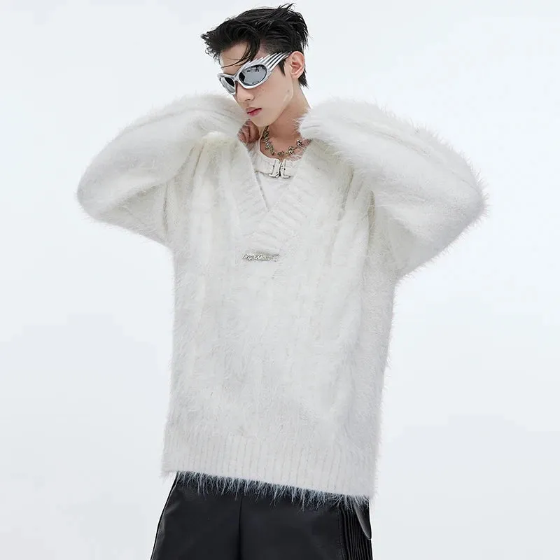 Faux Mink Fur V-Neck Loose Sweater