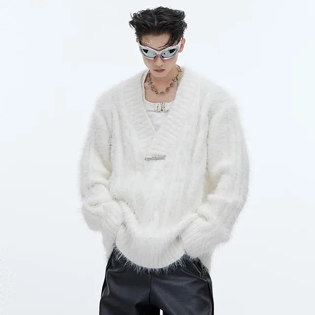 Faux Mink Fur V-Neck Loose Sweater