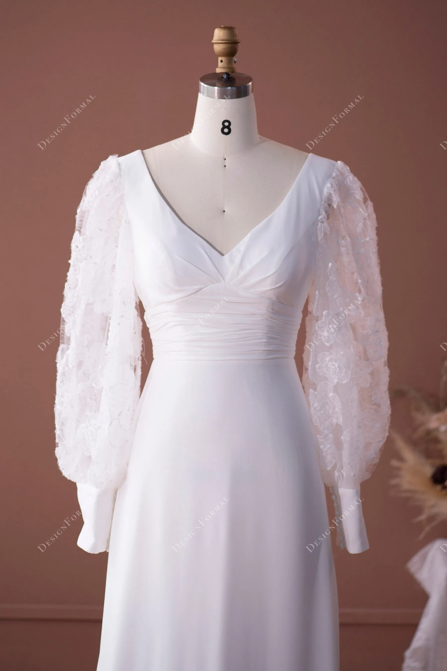 Flower Embroidered Bell Sleeve V-neck A-line Chiffon Wedding Dress