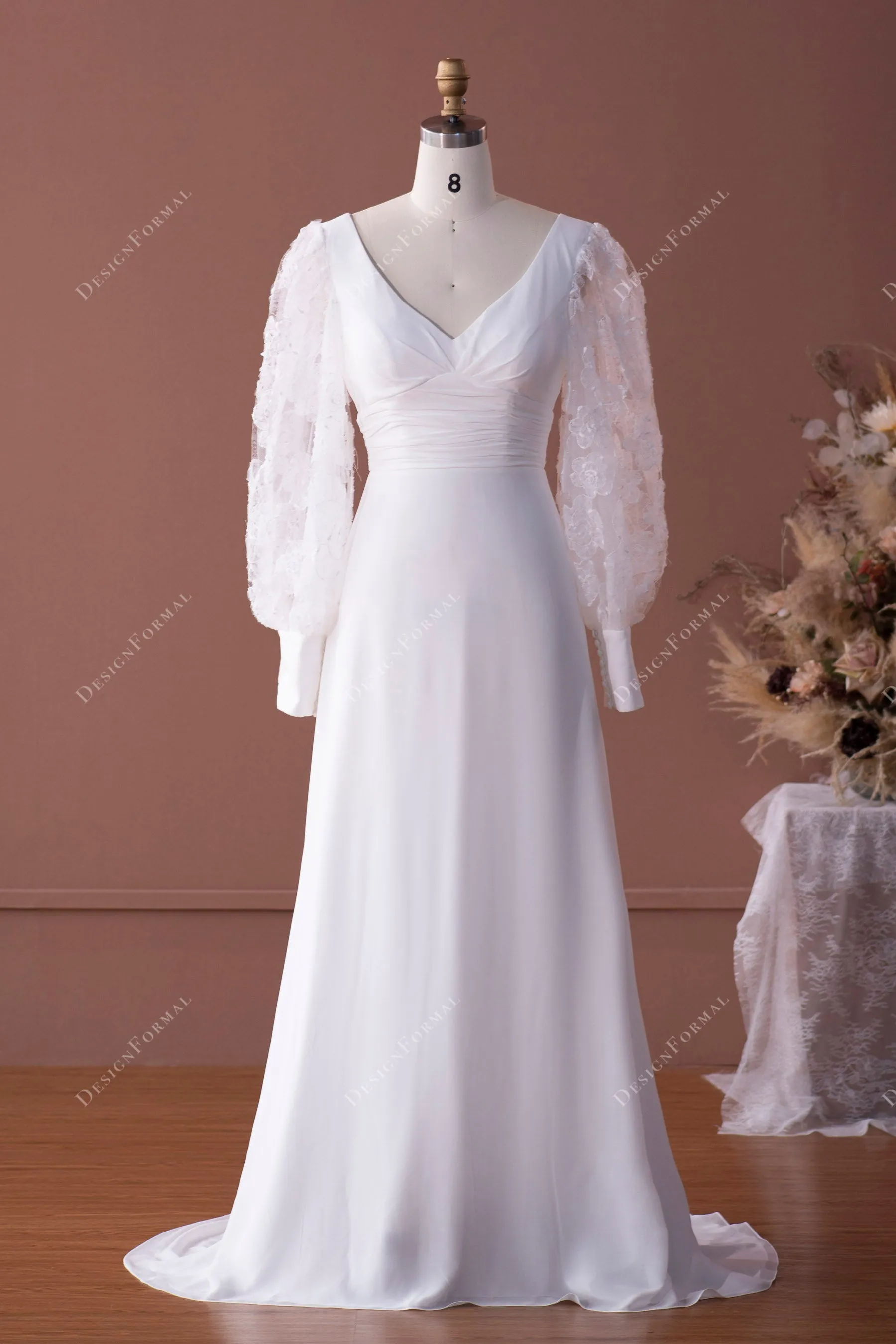 Flower Embroidered Bell Sleeve V-neck A-line Chiffon Wedding Dress