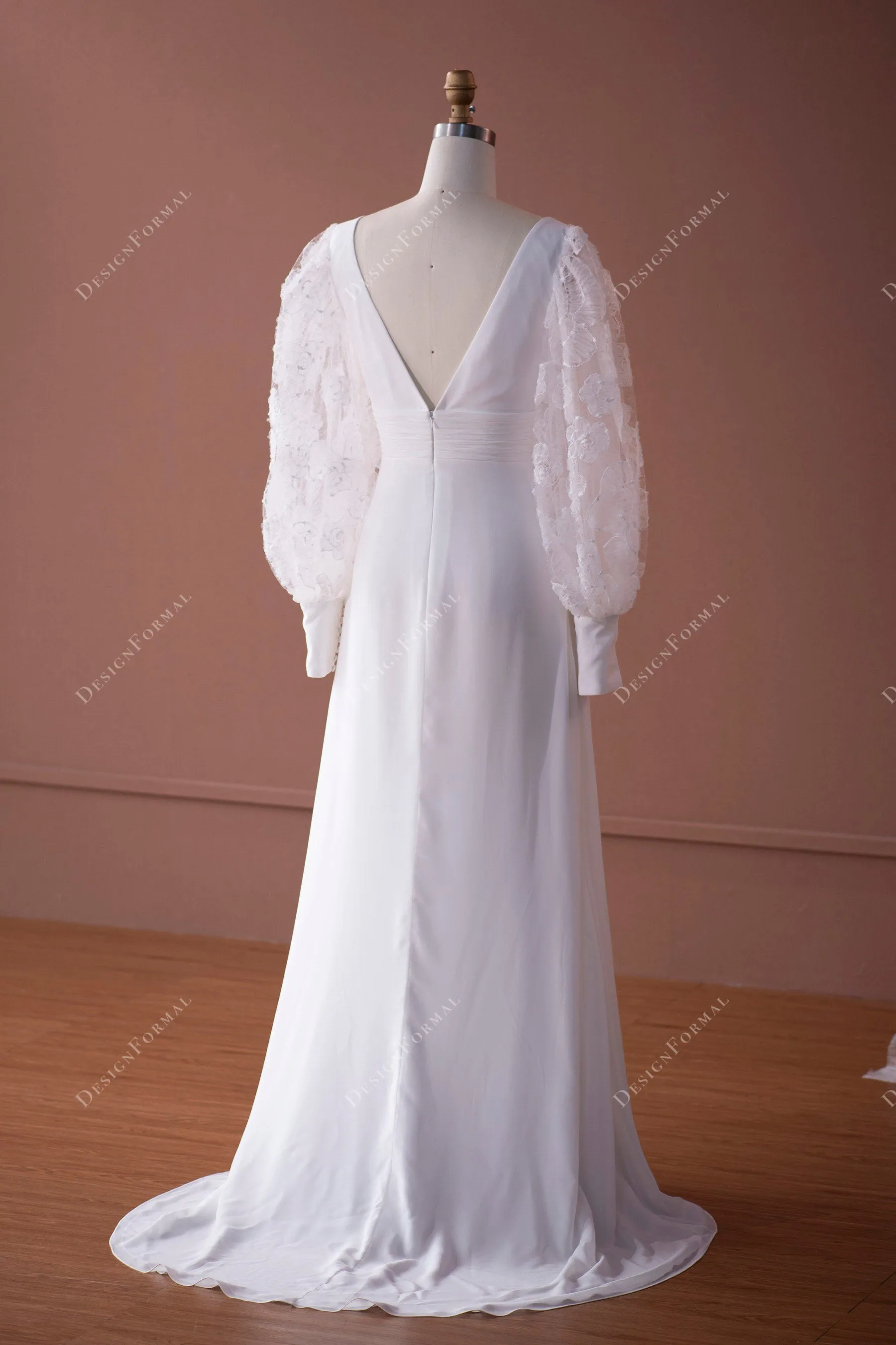 Flower Embroidered Bell Sleeve V-neck A-line Chiffon Wedding Dress