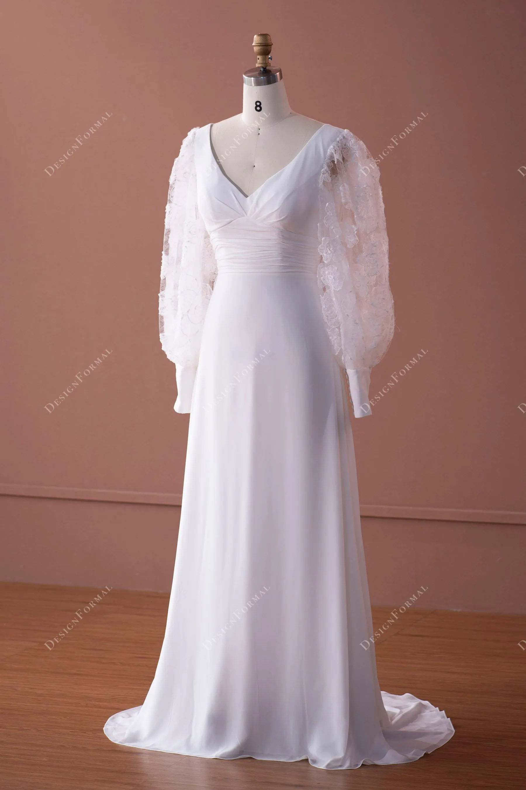 Flower Embroidered Bell Sleeve V-neck A-line Chiffon Wedding Dress