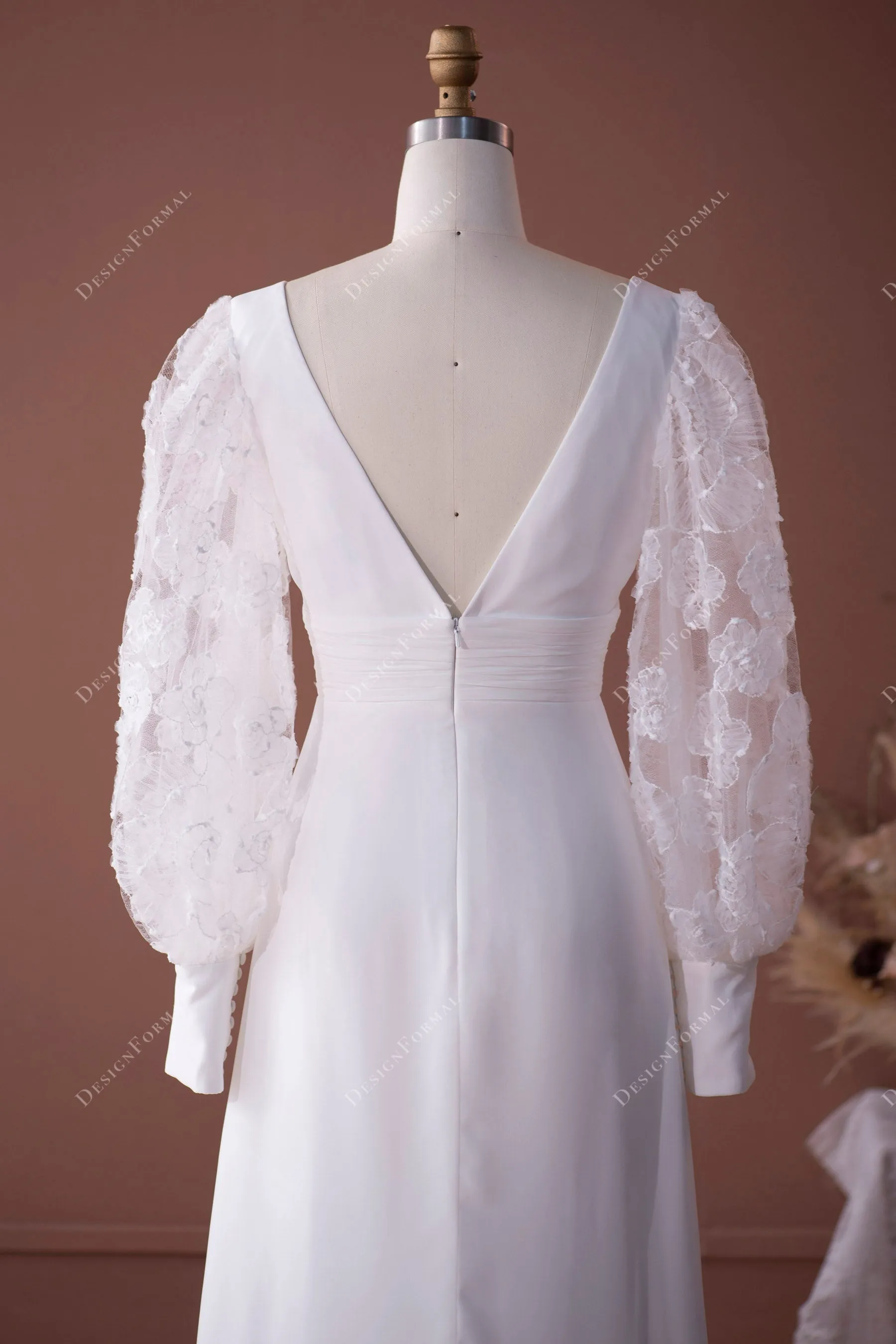 Flower Embroidered Bell Sleeve V-neck A-line Chiffon Wedding Dress