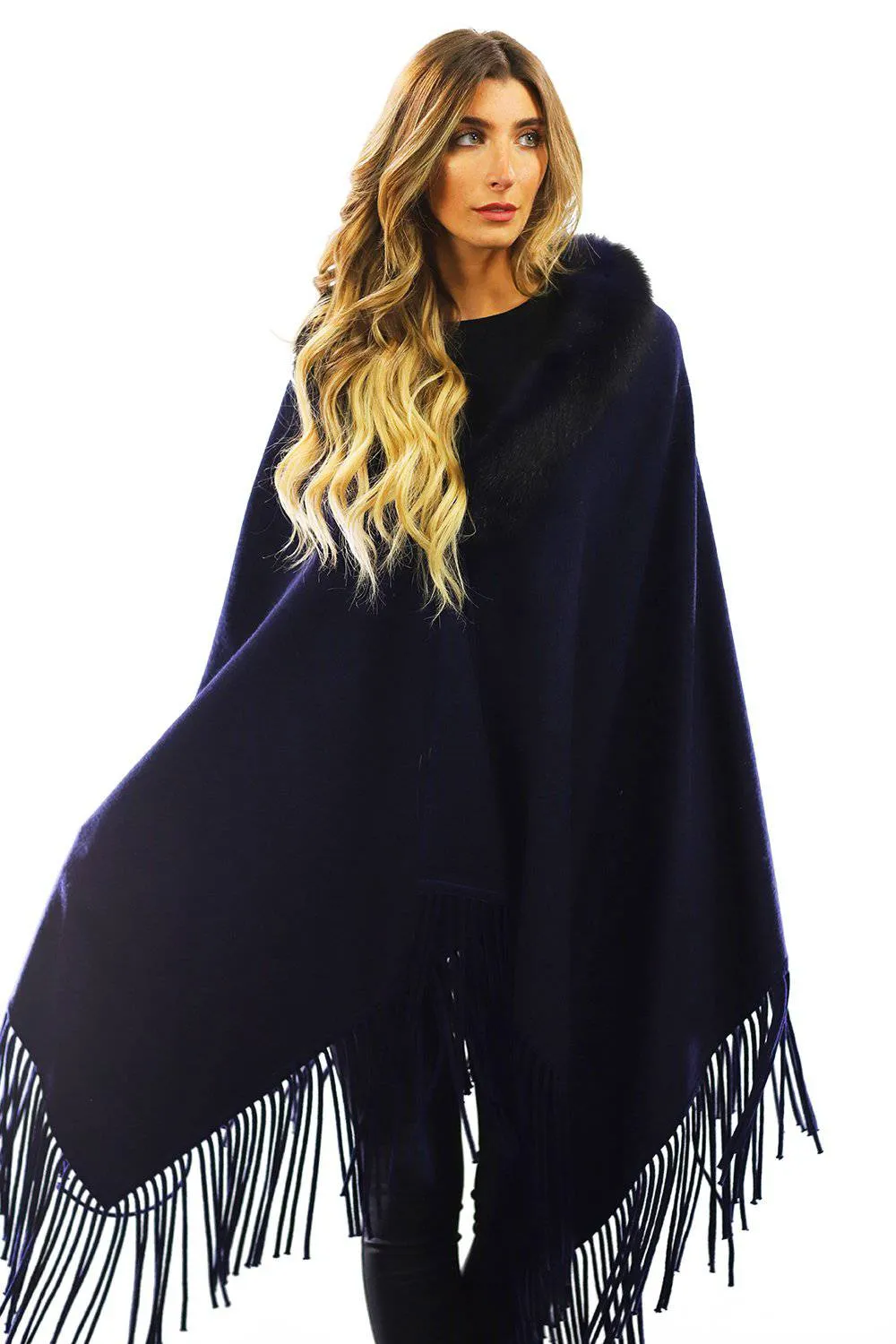 Fox Collar Wrap with Fringes - Navy