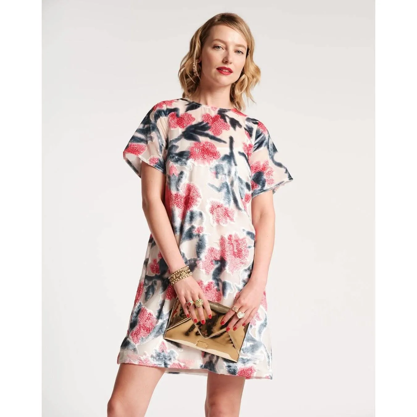 Frances Valentine Altman Mini Dress Velvet Lotus Print Pink Multi