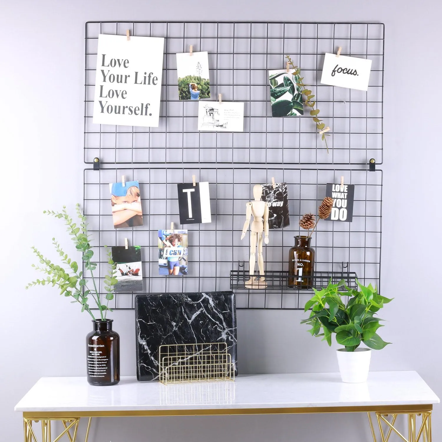 Franklite Iron Steel Grid Photo Frame for Wall Clip Holder Photo Frame,Multi Functional Creative Mesh Wall Grid Frame organizes kitchen, cabinet, refrigerator Black (30&30cm) 1Pcs Frame10 pcs clip