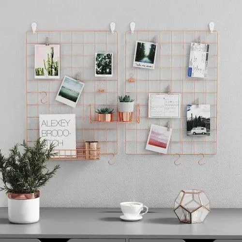 Franklite Photo Grid Frame Wall Grid Panel For Rectangular Photo Hanging Display & Wall Decoration Organizer, Multi-Functional Wall Storage Display Grid(40 X 40Cm) (Pink),Steel,Steel 2 pcs