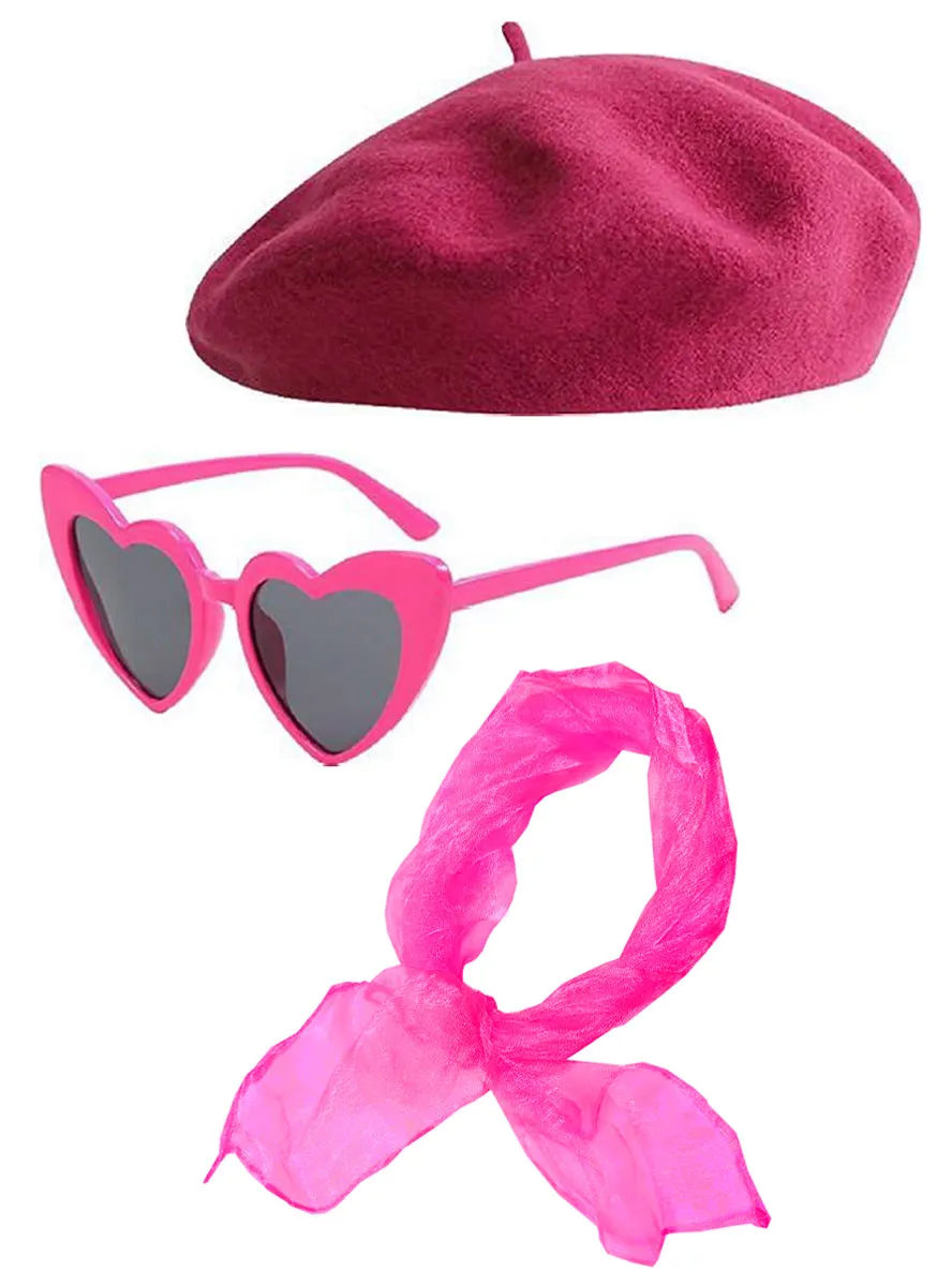 French Beret And Glasses Hot Pink Costume Accessory Set