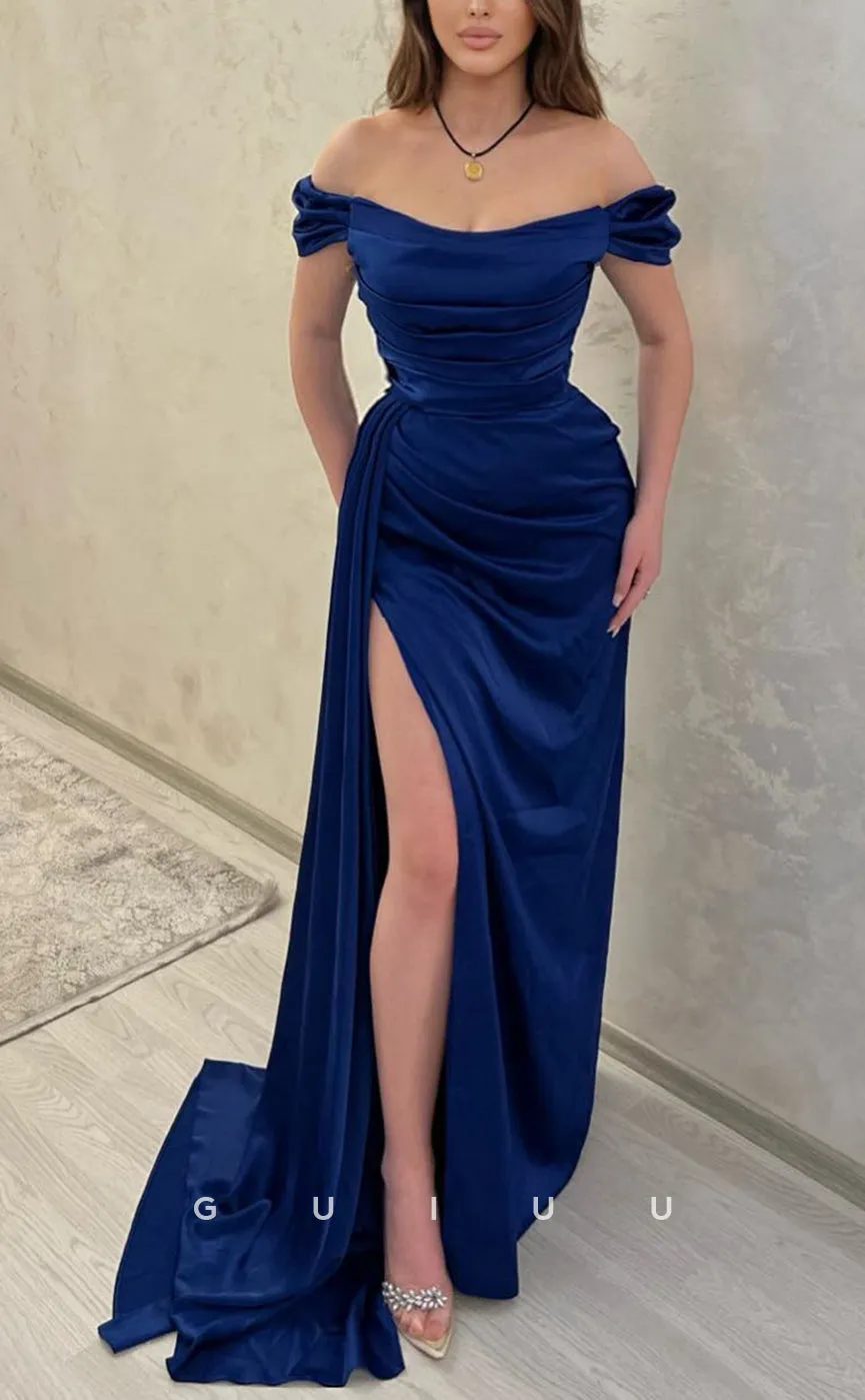 G2531 - Elegant Simple Off-Shoulder Ruched Long Prom Evening Dress With Slit