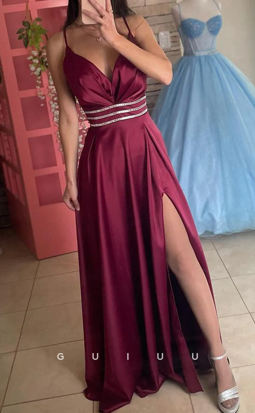 G3905 - A-Line V Neck Straps Sleeveless Pleated Crystal Long Prom Dress with Slit