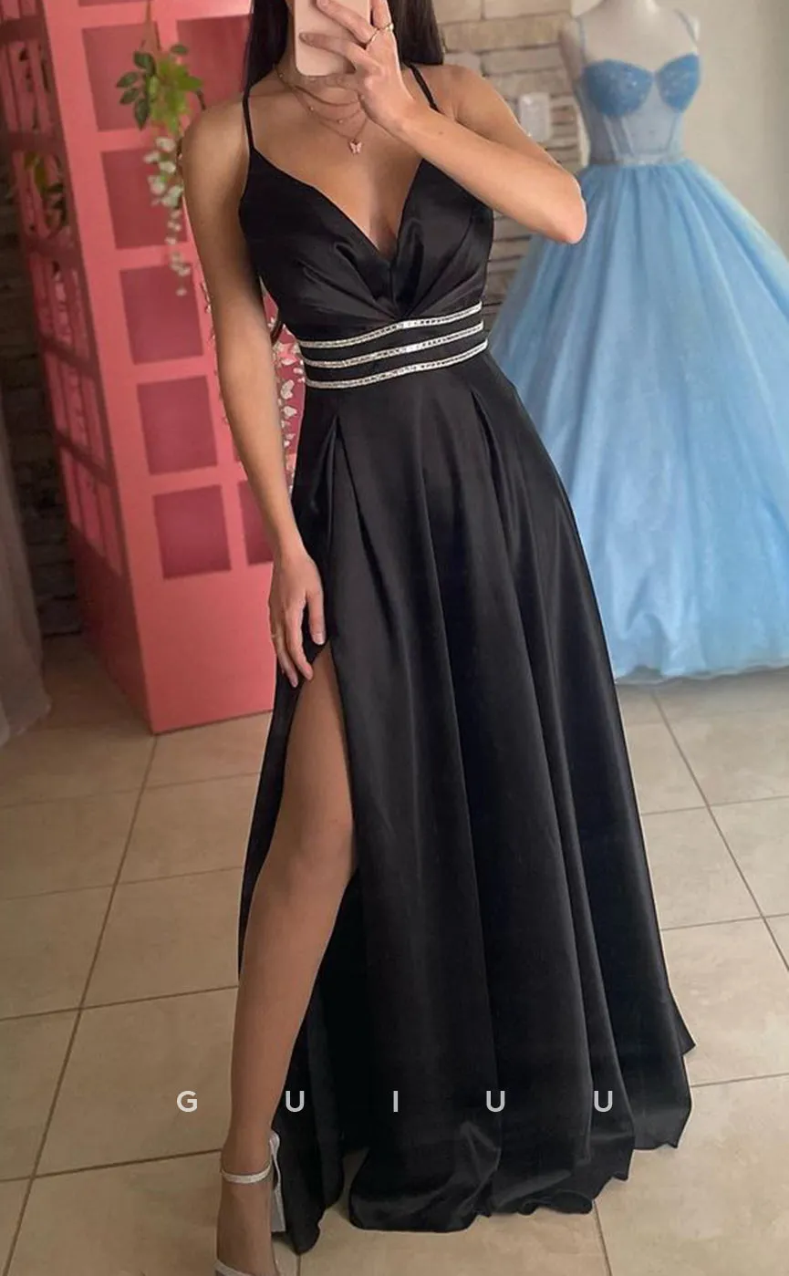 G3905 - A-Line V Neck Straps Sleeveless Pleated Crystal Long Prom Dress with Slit