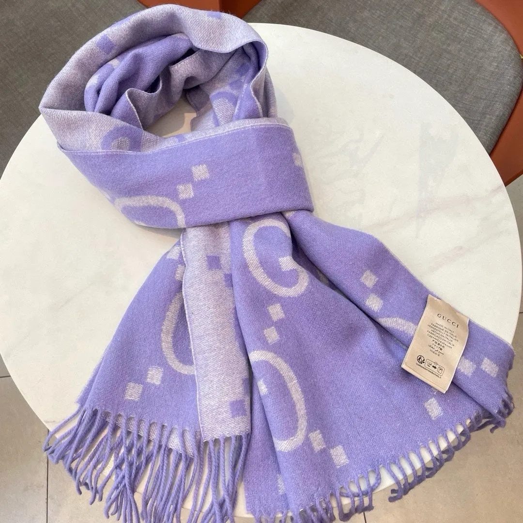 GG JACQUARD PATTERN KNIT SCARF 195 CM WITH TASSELS AMETHYST PURPLE 403752