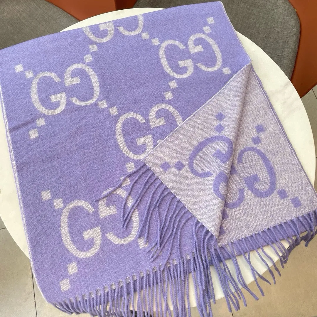 GG JACQUARD PATTERN KNIT SCARF 195 CM WITH TASSELS AMETHYST PURPLE 403752