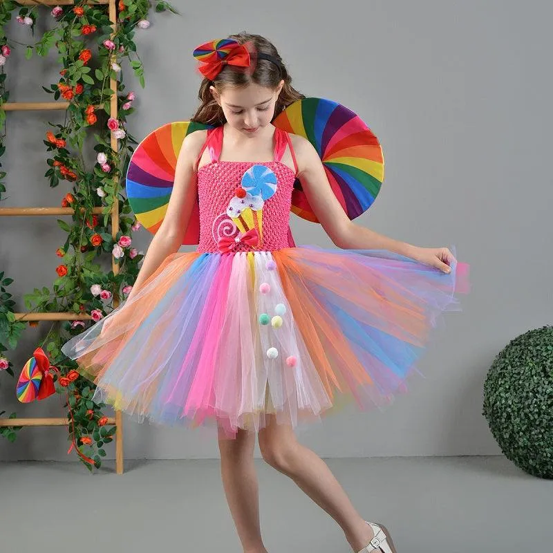 Girl's bow suspender princess dress Fashionable candy themed fluffy skirt Rainbow Candy Theme Dress Birthday party Halloween carnival stage performance costume