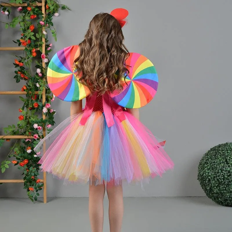 Girl's bow suspender princess dress Fashionable candy themed fluffy skirt Rainbow Candy Theme Dress Birthday party Halloween carnival stage performance costume