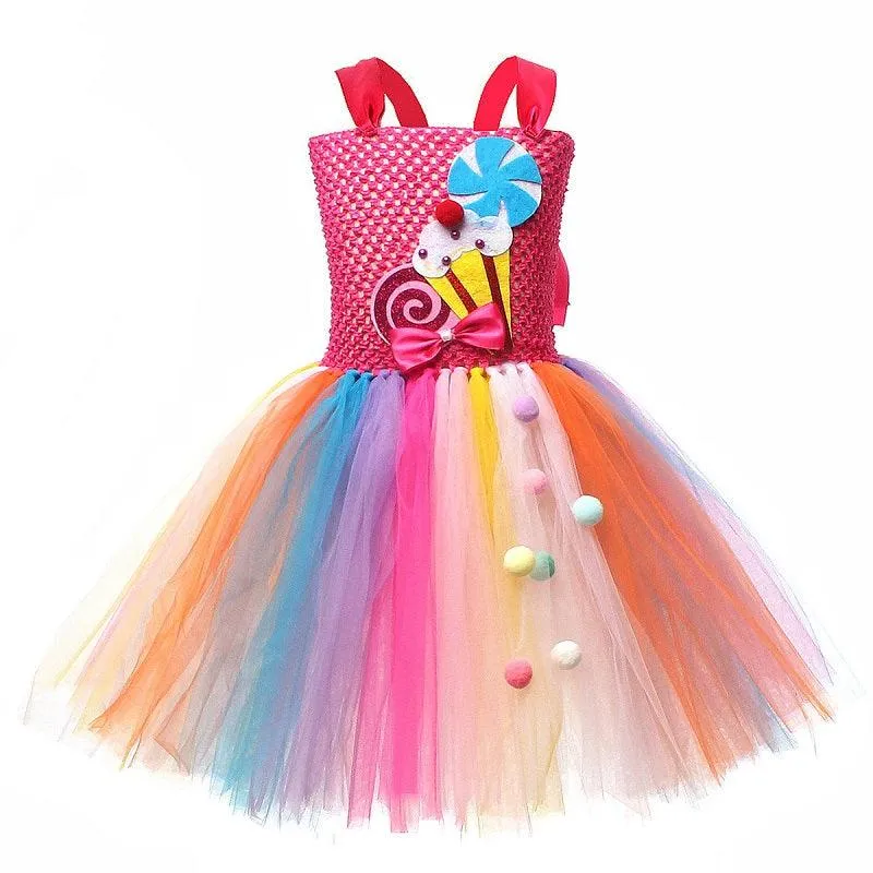 Girl's bow suspender princess dress Fashionable candy themed fluffy skirt Rainbow Candy Theme Dress Birthday party Halloween carnival stage performance costume