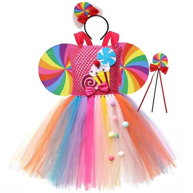 Girl's bow suspender princess dress Fashionable candy themed fluffy skirt Rainbow Candy Theme Dress Birthday party Halloween carnival stage performance costume