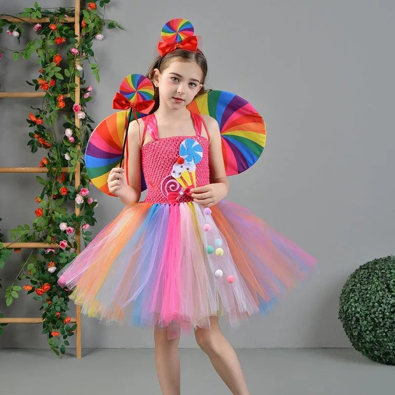 Girl's bow suspender princess dress Fashionable candy themed fluffy skirt Rainbow Candy Theme Dress Birthday party Halloween carnival stage performance costume