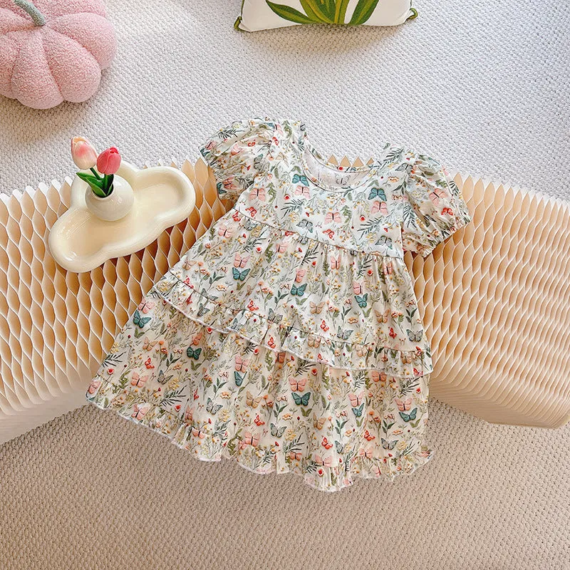 Girls' Cotton Dress Summer 2024 New Children's Western Style Pure Cotton Baby Thin Floral Princess Dress Summer Dress