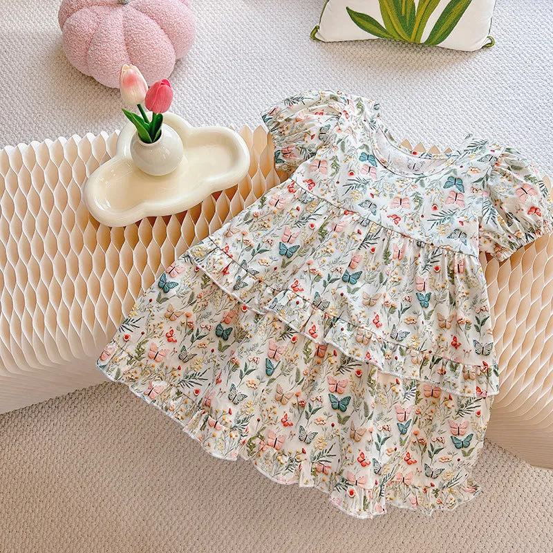 Girls' Cotton Dress Summer 2024 New Children's Western Style Pure Cotton Baby Thin Floral Princess Dress Summer Dress