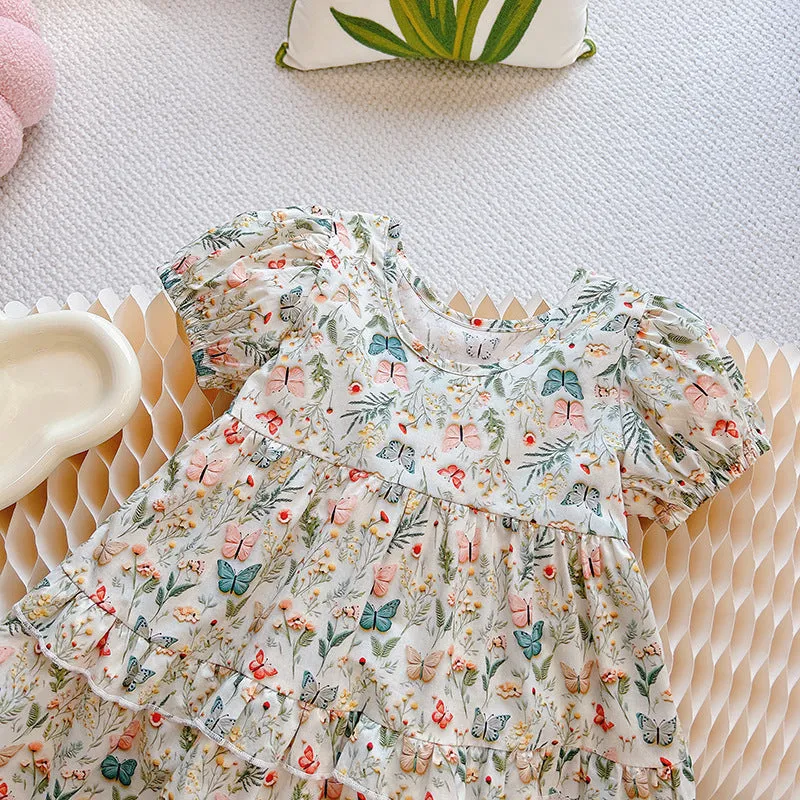 Girls' Cotton Dress Summer 2024 New Children's Western Style Pure Cotton Baby Thin Floral Princess Dress Summer Dress