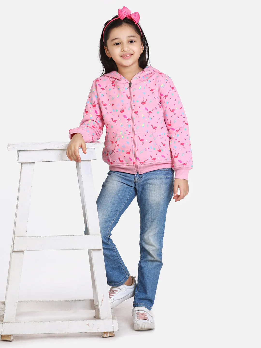 Girl's  Light Pink Flamingo Printed Jacket With Hoodie - StyleStone Kid