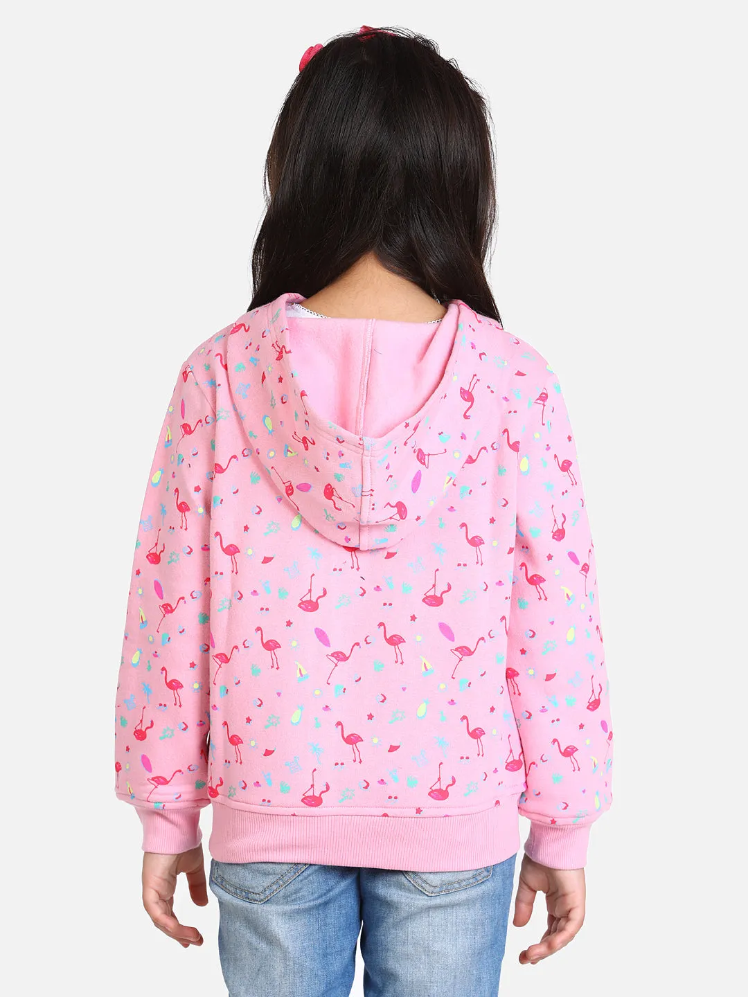 Girl's  Light Pink Flamingo Printed Jacket With Hoodie - StyleStone Kid