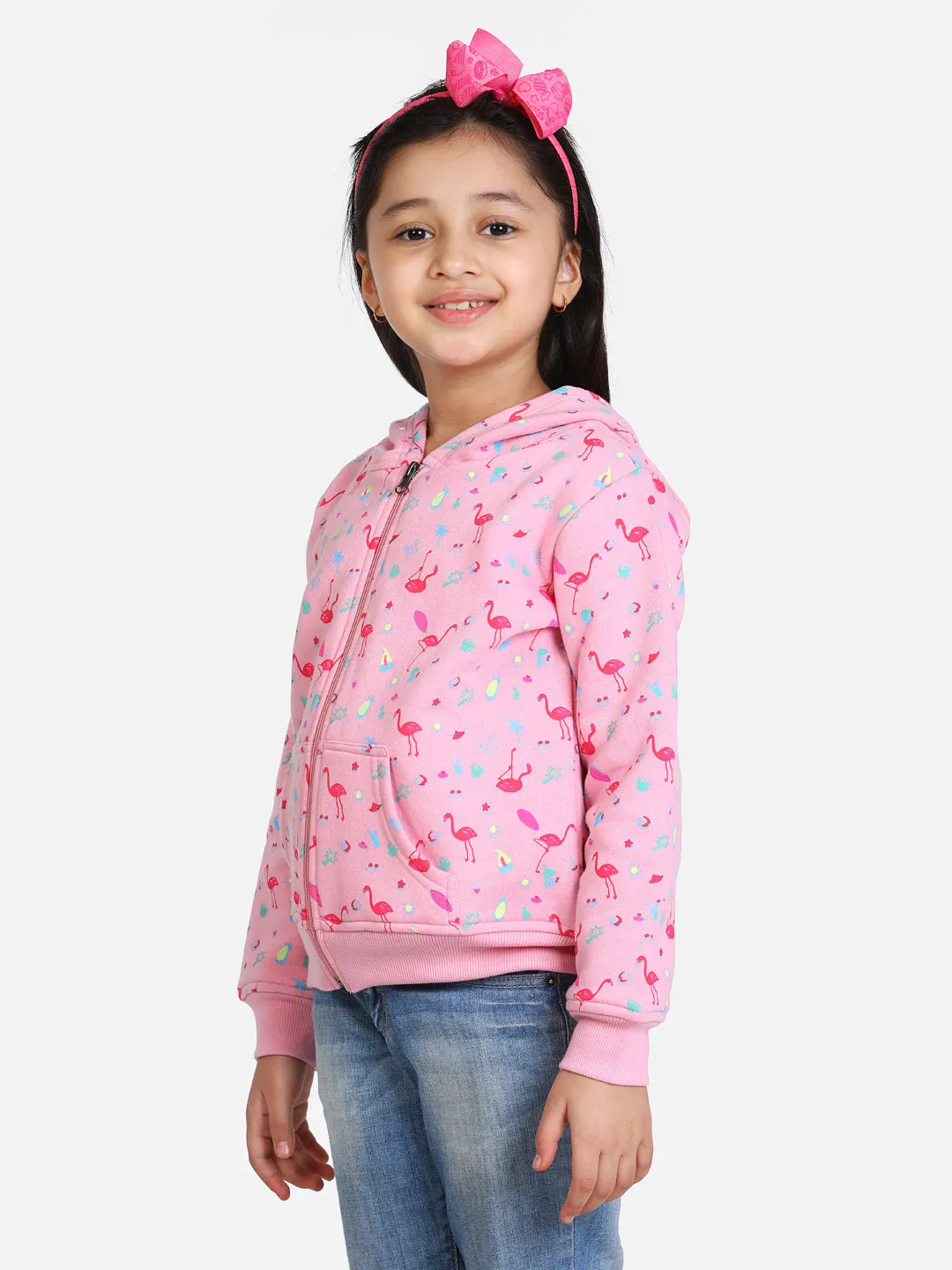 Girl's  Light Pink Flamingo Printed Jacket With Hoodie - StyleStone Kid