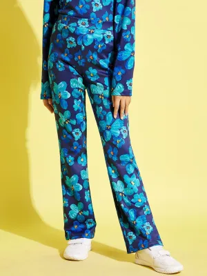 Girls Navy Floral Scuba Bell Bottom Pants