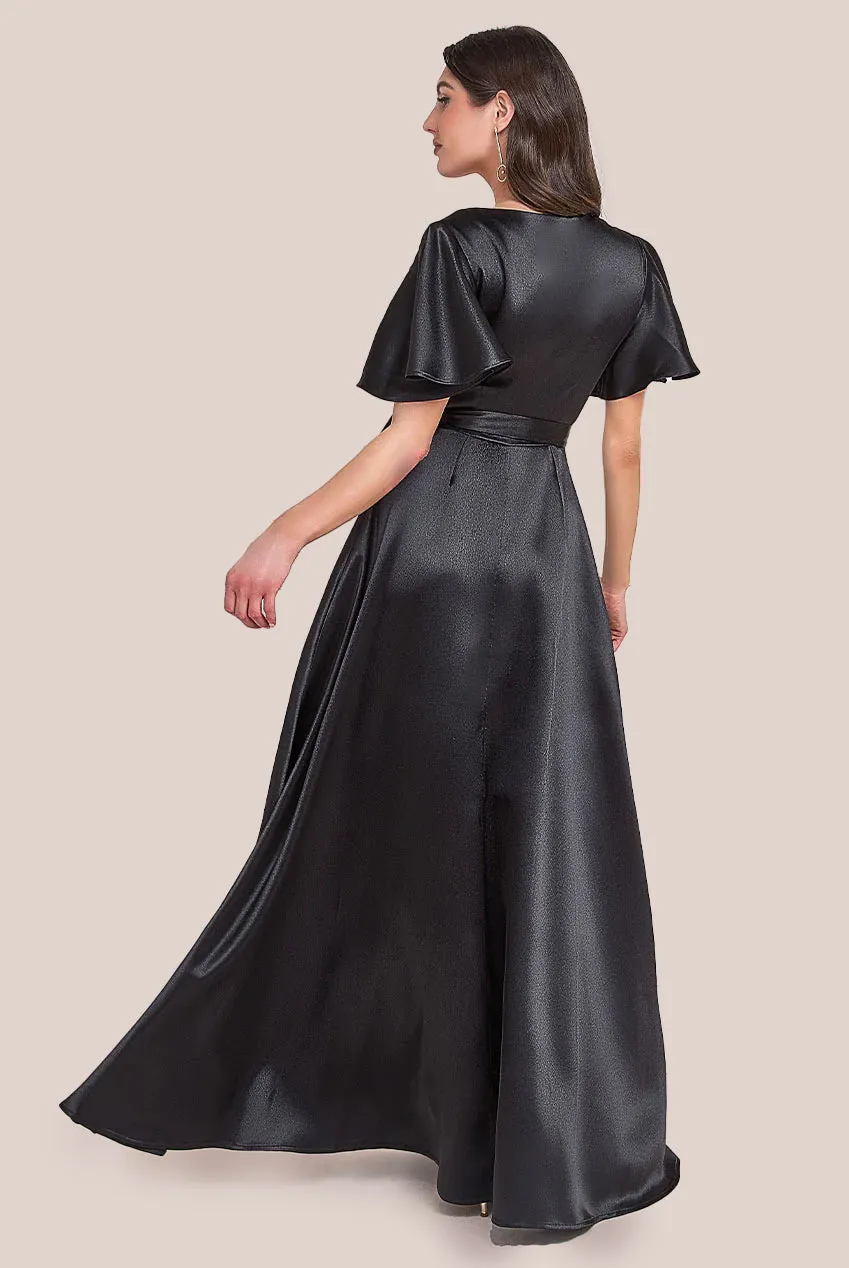 Goddiva Flutter Sleeve Wrapover Satin Maxi Dress - Black