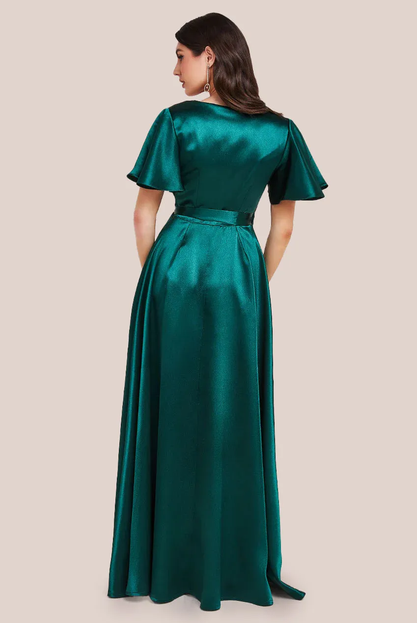 Goddiva Flutter Sleeve Wrapover Satin Maxi Dress - Emerald Green