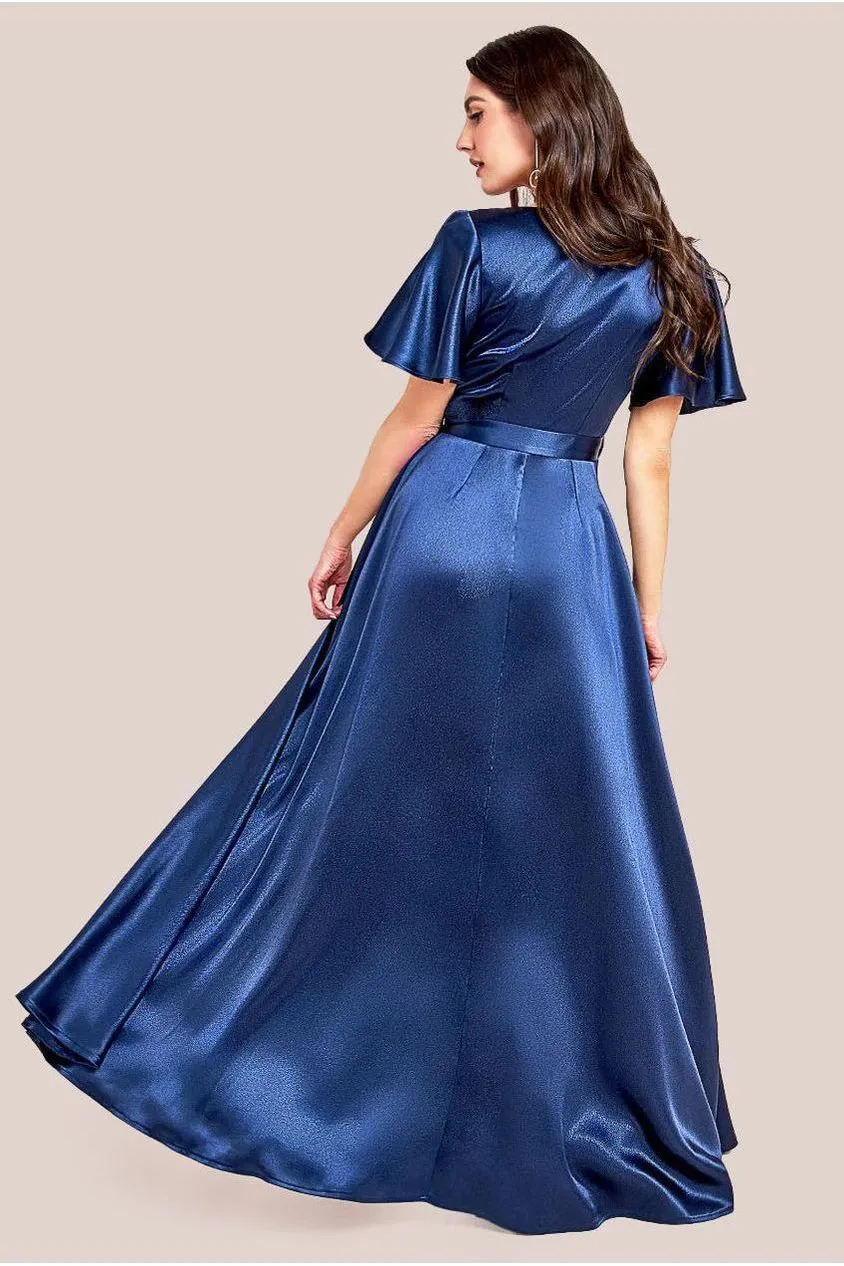 Goddiva Flutter Sleeve Wrapover Satin Maxi Dress - Navy