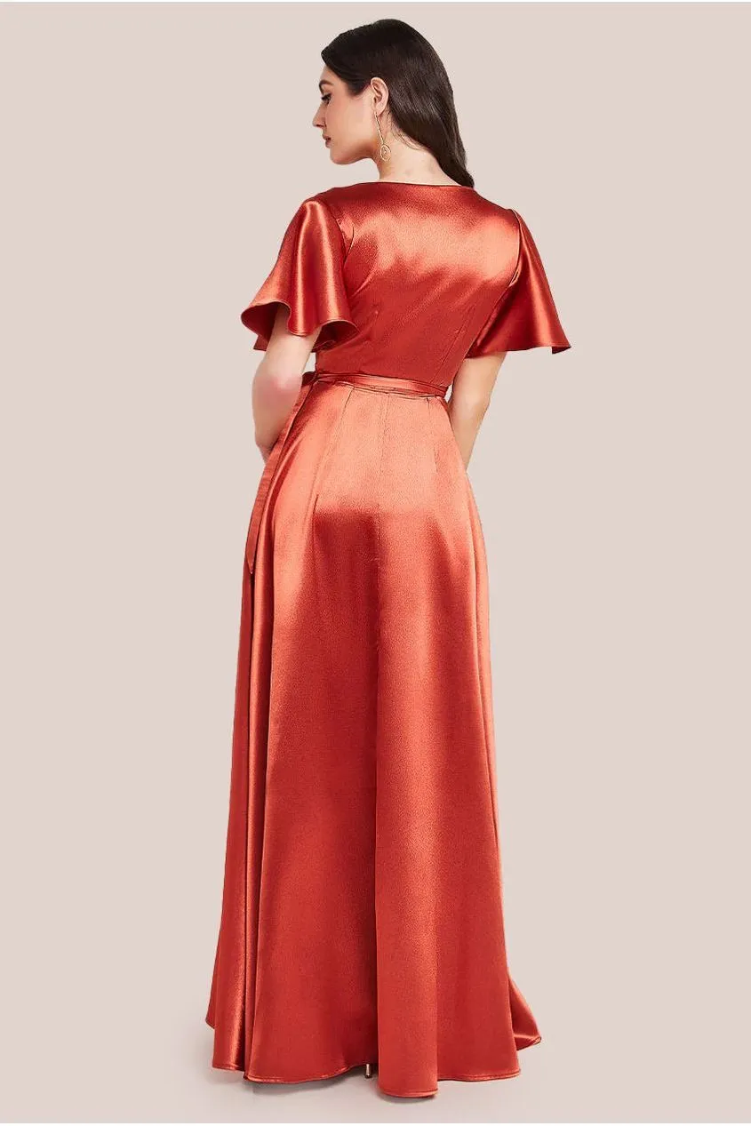 Goddiva Flutter Sleeve Wrapover Satin Maxi Dress - Orange