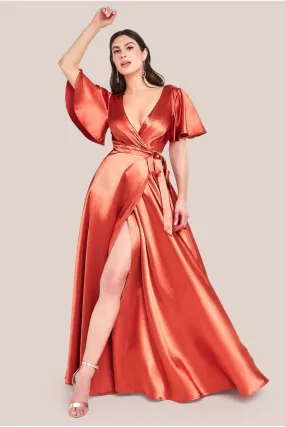 Goddiva Flutter Sleeve Wrapover Satin Maxi Dress - Orange