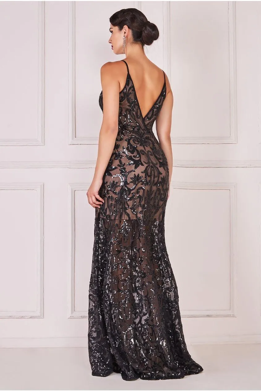 Goddiva Iridescent Sequin Maxi With Front Split - Black